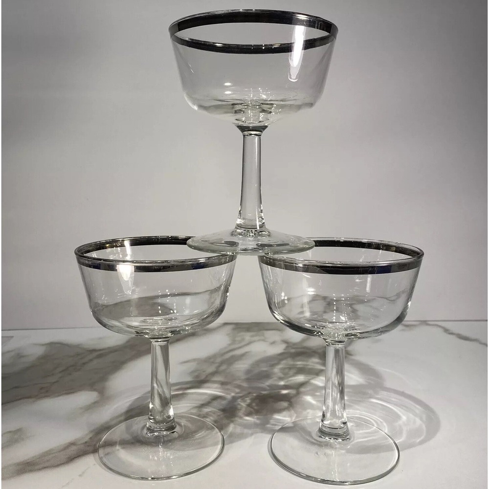 3 Vtg MCM Silver Rimmed Stemmed Champagne Coupe Cocktail Glasses France